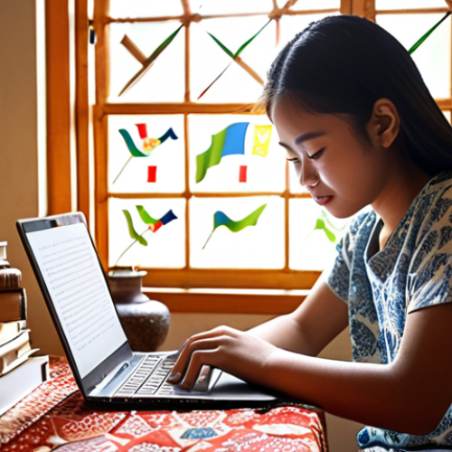 ** A young Malaysian student enthusiastically using a laptop surrounded by textbooks and a notebook, studying in a cozy room decorated with local batik patterns. Sunlight streams through the window, creating a warm and inviting atmosphere. A Malaysian flag is subtly displayed on the desk.

**