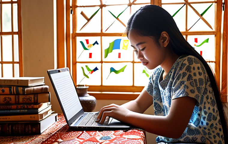 ** A young Malaysian student enthusiastically using a laptop surrounded by textbooks and a notebook, studying in a cozy room decorated with local batik patterns. Sunlight streams through the window, creating a warm and inviting atmosphere. A Malaysian flag is subtly displayed on the desk.

**