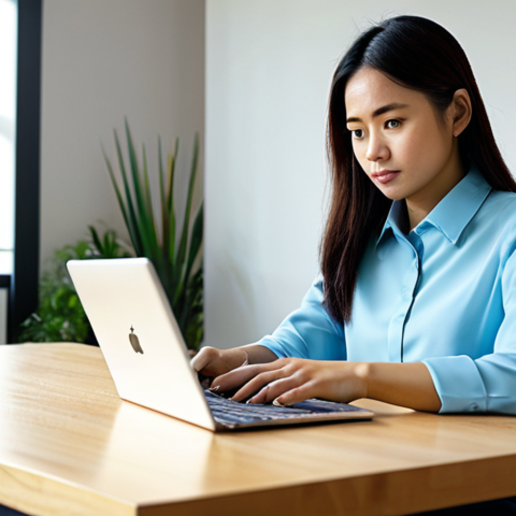 A focused Malaysian woman, in her mid-20s, with a determined expression, engaged in self-directed learning. She is wearing a modest, stylish smart-casual outfit, including a long-sleeved blouse and tailored trousers. She is sitting comfortably at a modern wooden desk, engrossed in learning on a sleek laptop, with a tablet displaying an online course beside it. A neat stack of digital learning resources is visible nearby. The setting is a bright, contemporary home office with warm, inviting lighting, subtle plants, and minimalist decor, suggesting a calm and productive atmosphere. Professional photography, high resolution, soft natural lighting, sharp focus, vibrant colors, fully clothed, modest clothing, appropriate attire, professional dress, safe for work, appropriate content, perfect anatomy, correct proportions, natural pose, well-formed hands, proper finger count, natural body proportions, family-friendly.