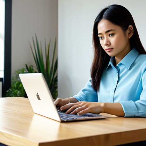 A focused Malaysian woman, in her mid-20s, with a determined expression, engaged in self-directed learning. She is wearing a modest, stylish smart-casual outfit, including a long-sleeved blouse and tailored trousers. She is sitting comfortably at a modern wooden desk, engrossed in learning on a sleek laptop, with a tablet displaying an online course beside it. A neat stack of digital learning resources is visible nearby. The setting is a bright, contemporary home office with warm, inviting lighting, subtle plants, and minimalist decor, suggesting a calm and productive atmosphere. Professional photography, high resolution, soft natural lighting, sharp focus, vibrant colors, fully clothed, modest clothing, appropriate attire, professional dress, safe for work, appropriate content, perfect anatomy, correct proportions, natural pose, well-formed hands, proper finger count, natural body proportions, family-friendly.