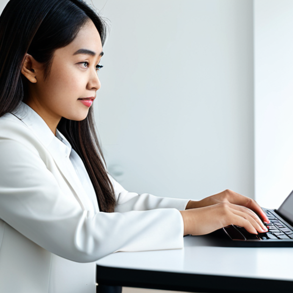A young adult Malaysian woman in a modest, professional yet comfortable attire, seated at a sleek modern desk. She is deeply focused on an advanced tablet, which displays a personalized learning interface with subtle, glowing AI-driven adaptive elements. The background is a bright, clean contemporary home office or study space. Professional photography, high-resolution, sharp focus, natural lighting. fully clothed, modest clothing, appropriate attire, professional dress, safe for work, appropriate content, perfect anatomy, correct proportions, natural pose, well-formed hands, proper finger count, natural body proportions.