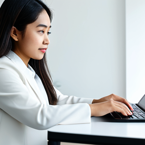 Home 17 A young adult Malaysian woman in a modest, professional yet comfortable attire, seated at a sleek modern desk. She is deeply focused on an advanced tablet, which displays a personalized learning interface with subtle, glowing AI-driven adaptive elements. The background is a bright, clean contemporary home office or study space. Professional photography, high-resolution, sharp focus, natural lighting. fully clothed, modest clothing, appropriate attire, professional dress, safe for work, appropriate content, perfect anatomy, correct proportions, natural pose, well-formed hands, proper finger count, natural body proportions.