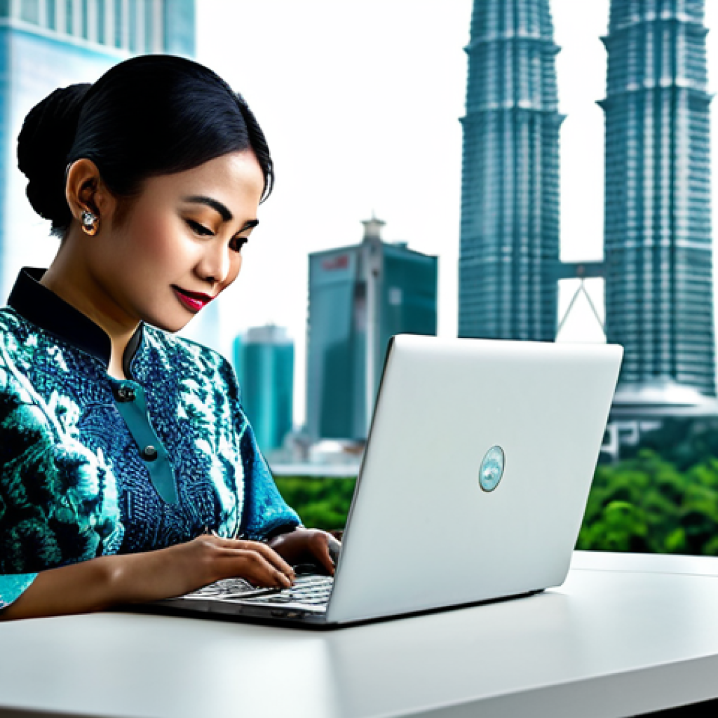 **

A professional Malaysian businesswoman in a modest batik kebaya, working on a laptop at a modern office desk with a view of the Petronas Twin Towers in the background, fully clothed, appropriate attire, safe for work, perfect anatomy, natural proportions, professional photography, high quality, natural lighting.

**