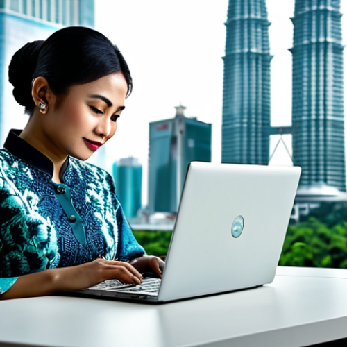 Home 8 **
A professional Malaysian businesswoman in a modest batik kebaya, working on a laptop at a modern office desk with a view of the Petronas Twin Towers in the background, fully clothed, appropriate attire, safe for work, perfect anatomy, natural proportions, professional photography, high quality, natural lighting.
**