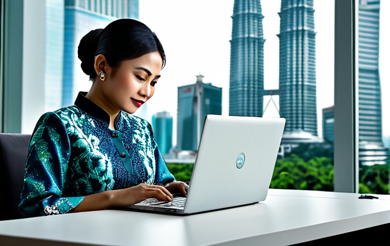 **
A professional Malaysian businesswoman in a modest batik kebaya, working on a laptop at a modern office desk with a view of the Petronas Twin Towers in the background, fully clothed, appropriate attire, safe for work, perfect anatomy, natural proportions, professional photography, high quality, natural lighting.
**